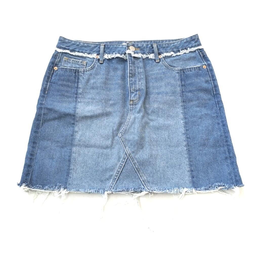 LOFT | Two-Tone Colorblock Denim Raw Edge Skirt 60s 70s Retro